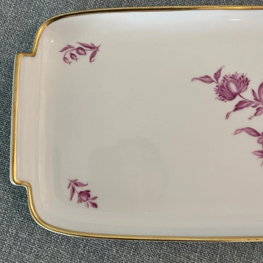 Augarten Wien Biedermeier Purple Floral Porcelain Serving Tray‎ Gold Trim 14.5